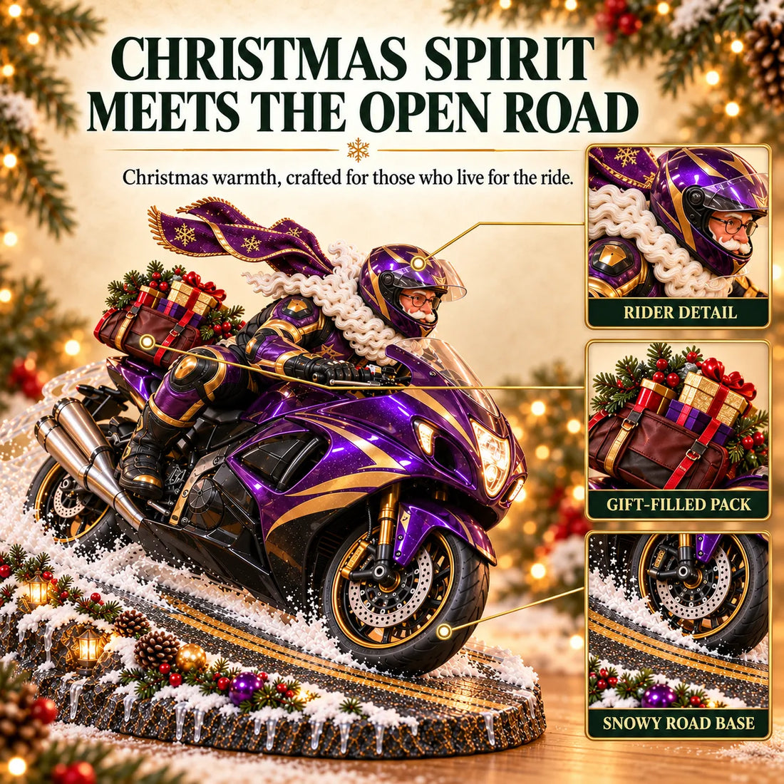 Santa riding a motorcycle through a festive Christmas scene