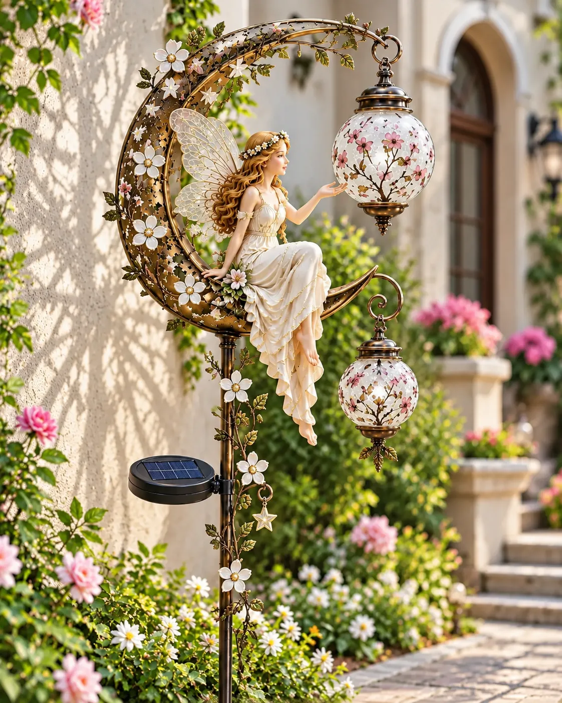 🧚‍♀️🌙 Enchanted Moon Fairy Solar Garden Light | Floral Crescent Lantern Stake, Magical Outdoor Décor & Fairy Garden Accent