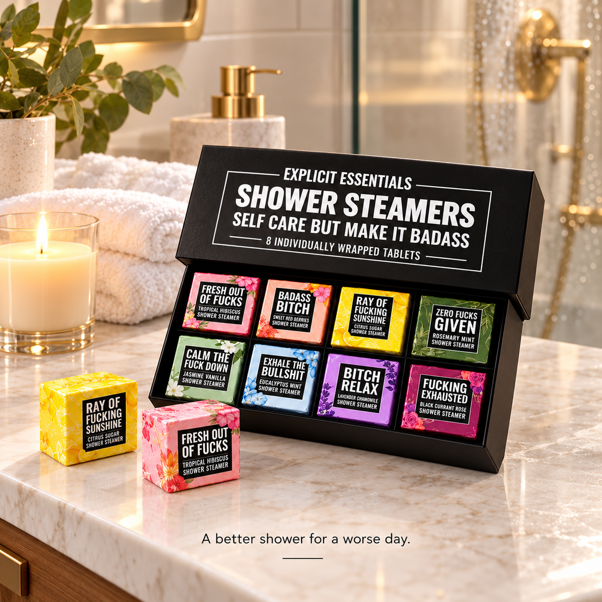 ✨ Bad Day Shower Steamers Gift Set – 8 Scented Self-Care Shower Tablets
