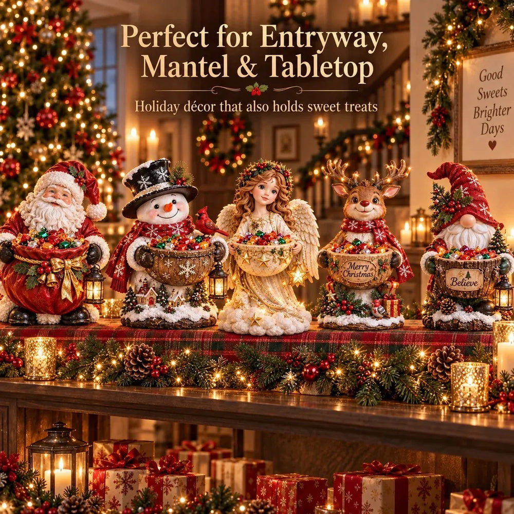 Five Christmas treat holders arranged on an entryway table