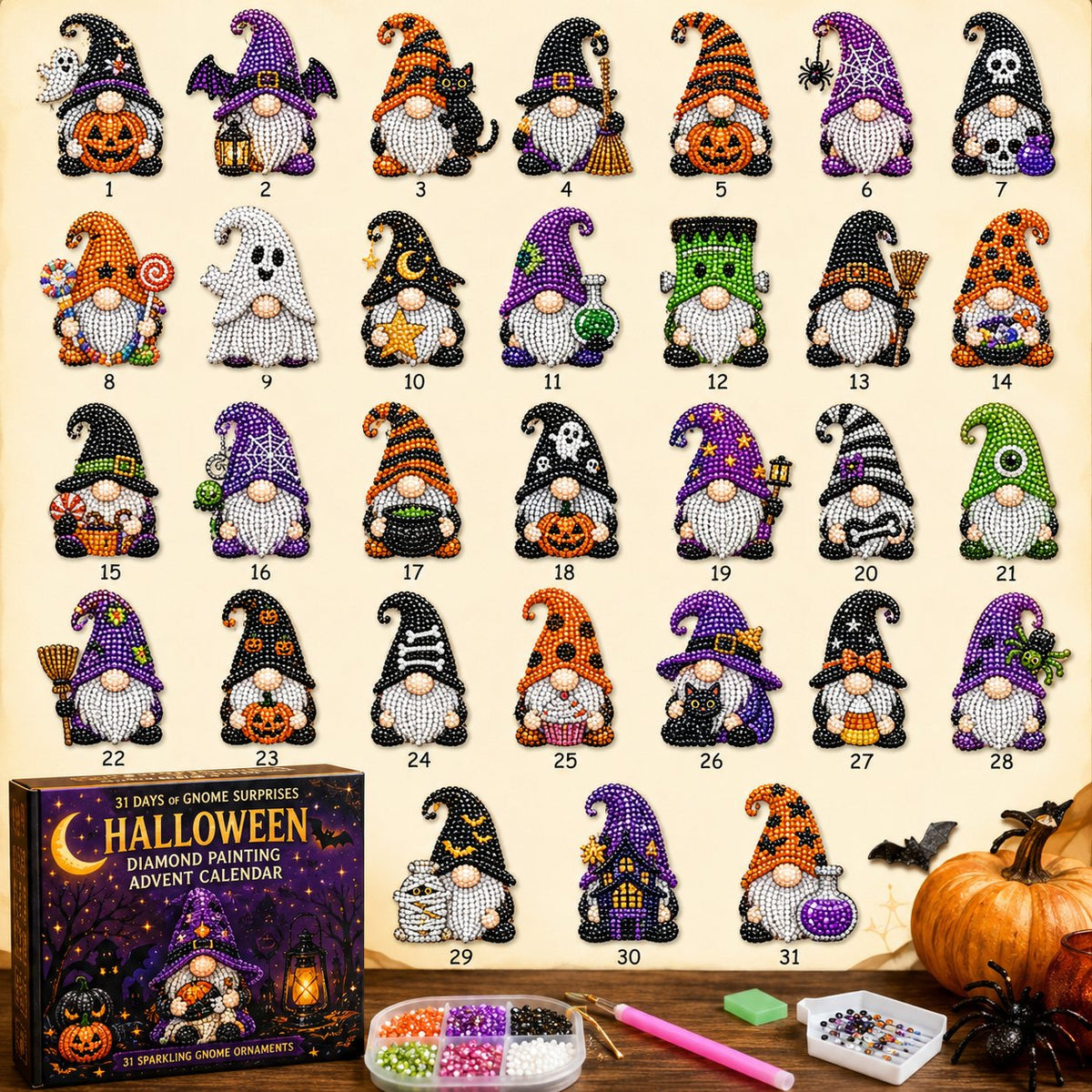 🔥HOT SALE 49% OFF - 🎃✨ 31 Days of Gnome Surprises Halloween Diamond Painting Advent Calendar