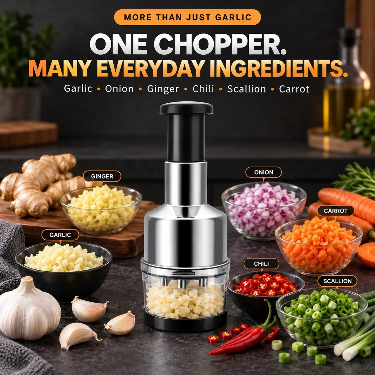 Chop Garlic Faster – Press-Down Manual Food Chopper