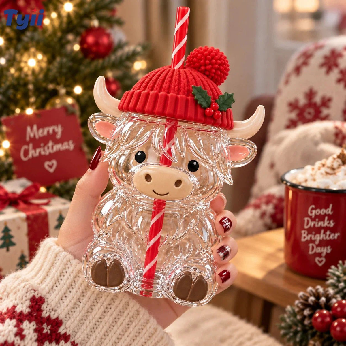 ❤️ Highland Cow Christmas Glass Cup with Straw – Cute Holiday Tumbler Gift