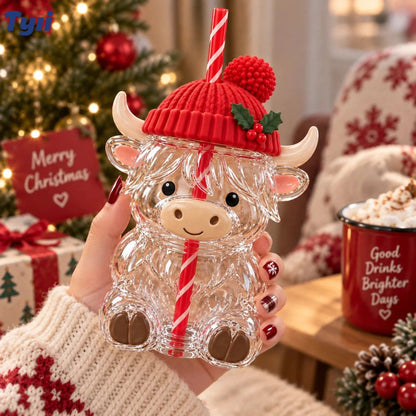 ❤️ Highland Cow Christmas Glass Cup with Straw – Cute Holiday Tumbler Gift