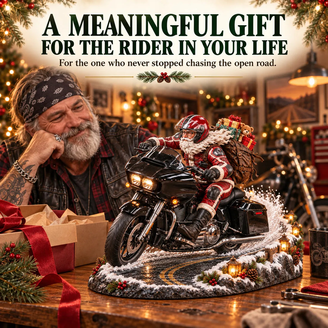 Motorcycle rider receiving a Santa Christmas keepsake gift