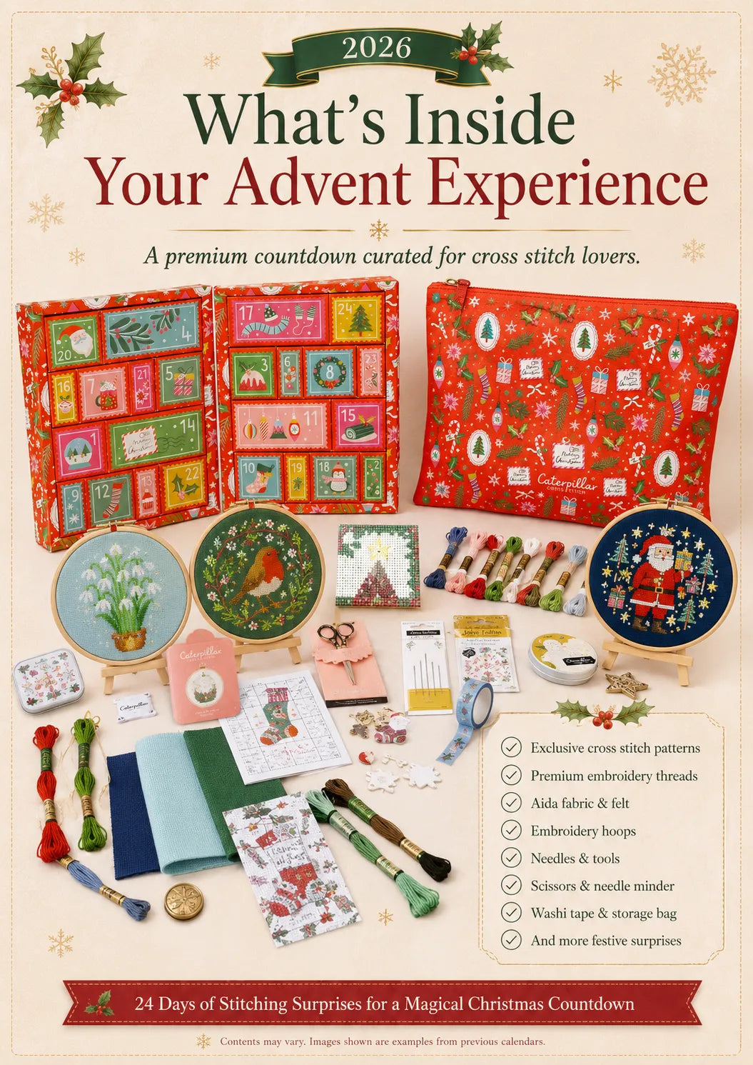 Cross stitch calendar with festive patterns, embroidery threads, Aida fabric, hoops and crafting tools
