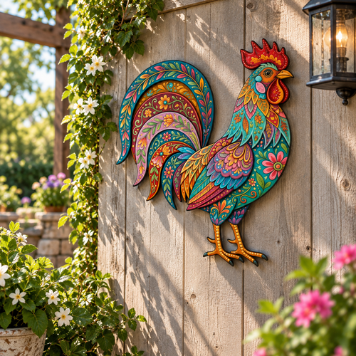 Colorful Rooster Metal Wall Art