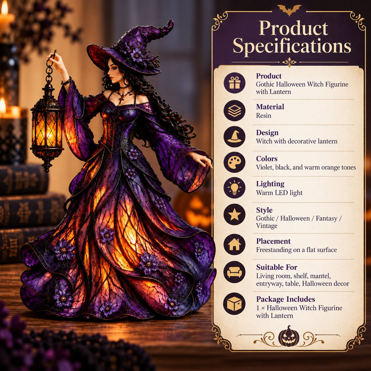 🧙‍♀️ Gotische Halloween-Hexenfigur mit LED-Laterne