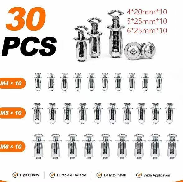 Thirty-piece expansion anchor assortment with M4, M5 and M6 sizes