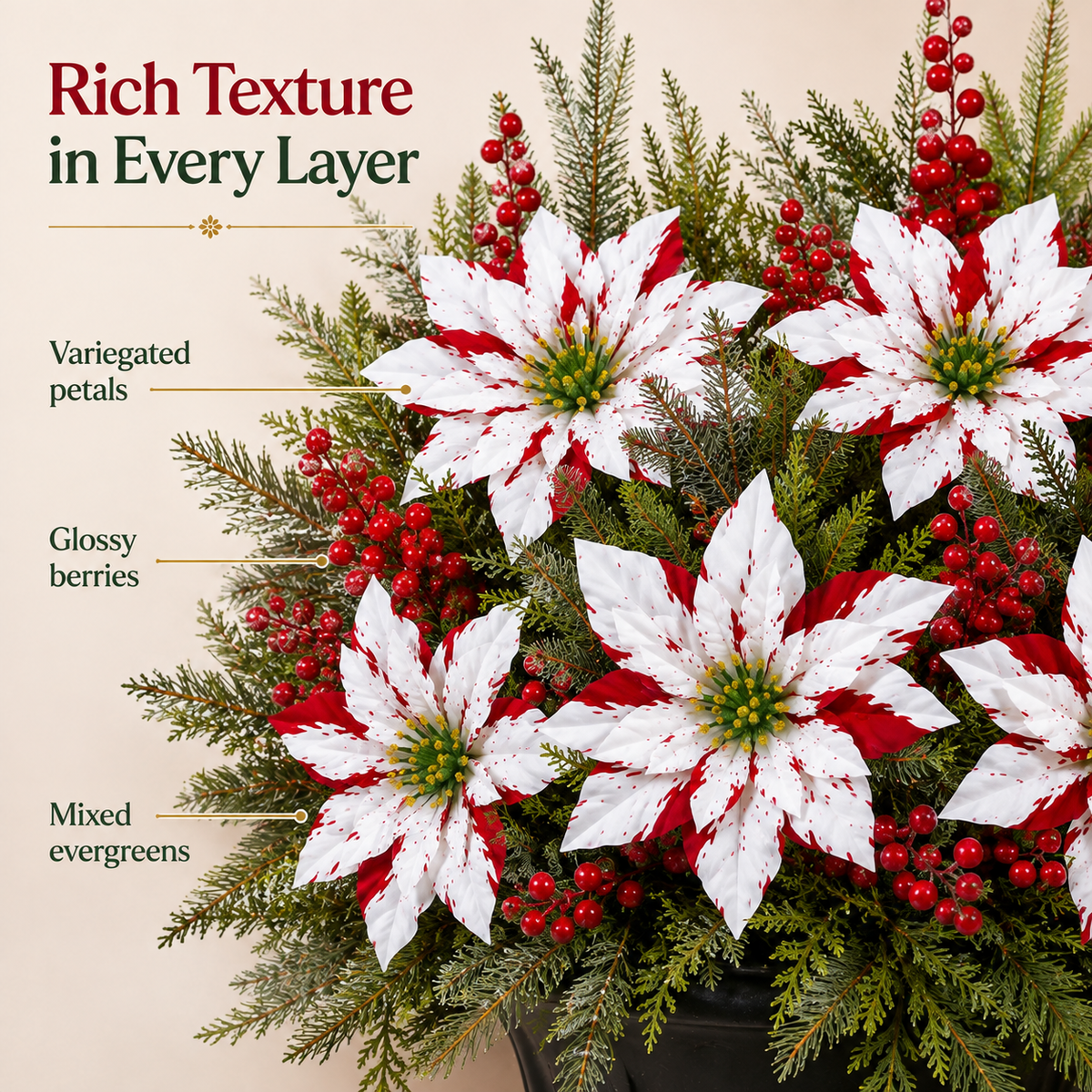 Close view of layered poinsettia petals, berries and evergreen foliage