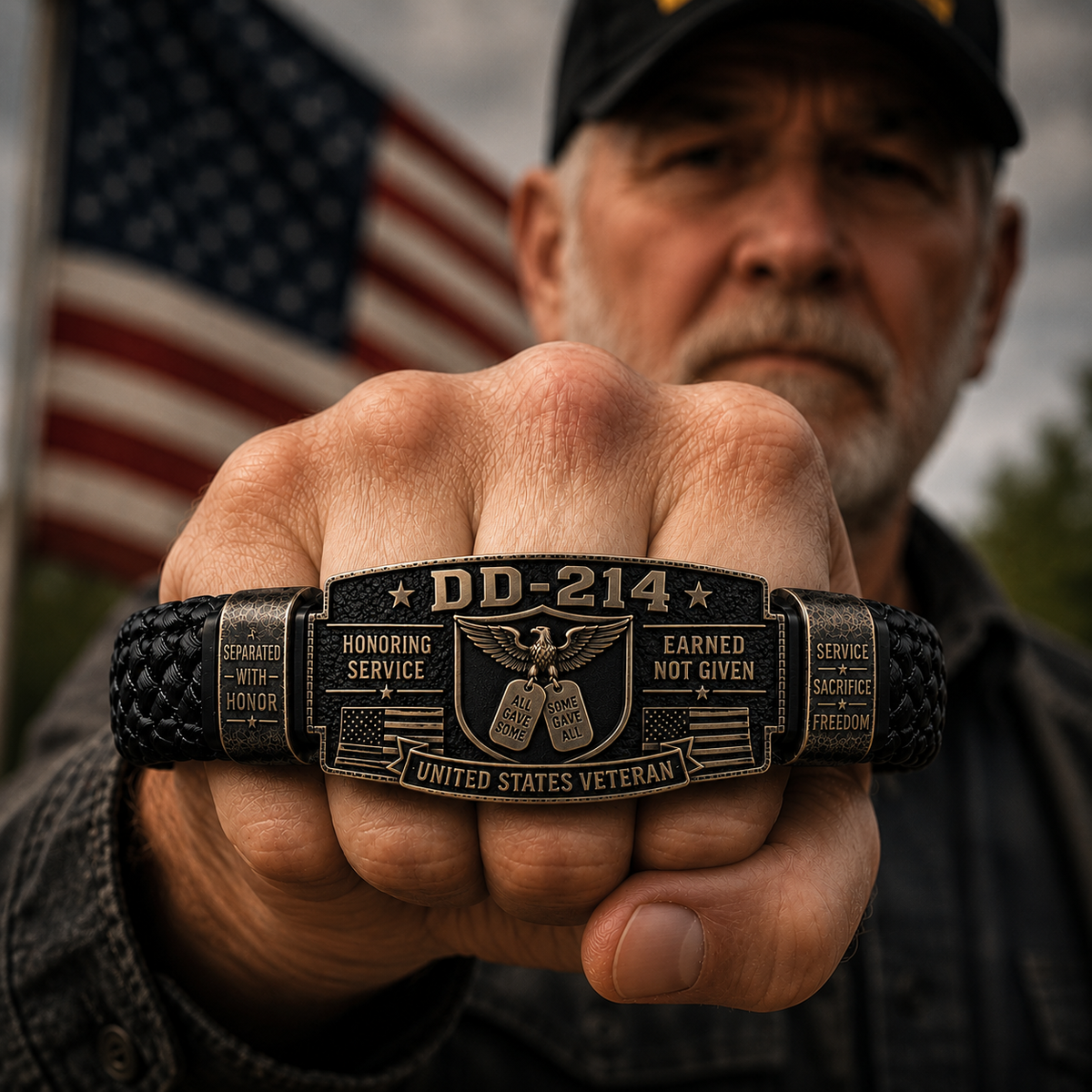 Close-up of the DD-214 bracelet symbols and engraved details