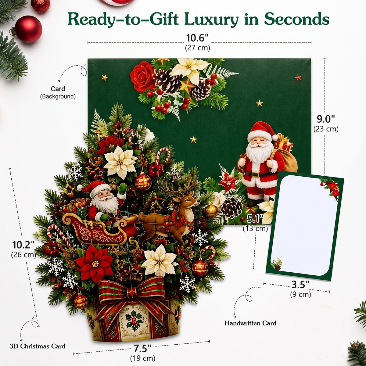 Pop-up Christmas tree card, envelope, and message card dimensions