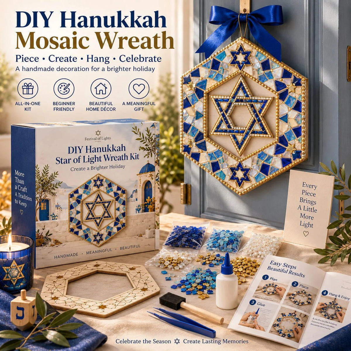 🕎 DIY Hanukkah Mosaic Wreath Kit – 6 Festive Designs for Holiday Home Décor
