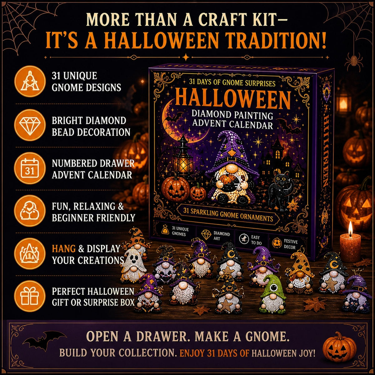 🔥HOT SALE 49% OFF - 🎃✨ 31 Days of Gnome Surprises Halloween Diamond Painting Advent Calendar