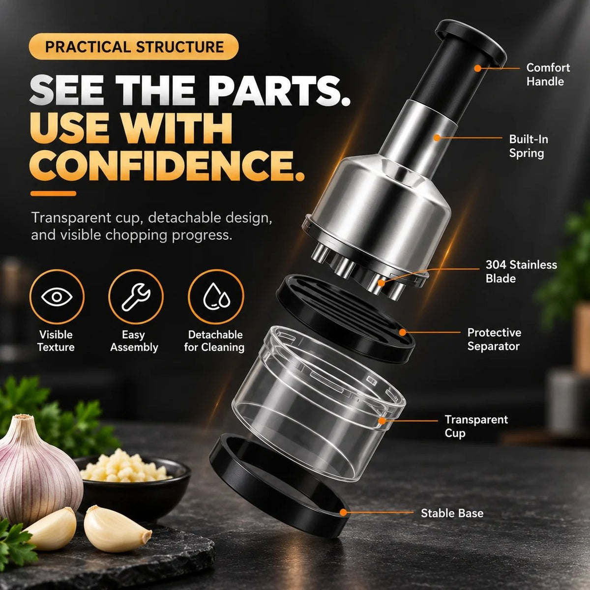 Chop Garlic Faster – Press-Down Manual Food Chopper