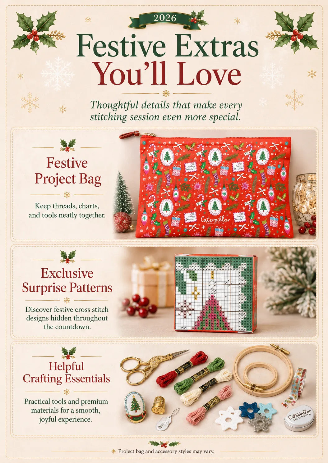 Festive project organizer, cross stitch pattern and crafting essentials for December stitching