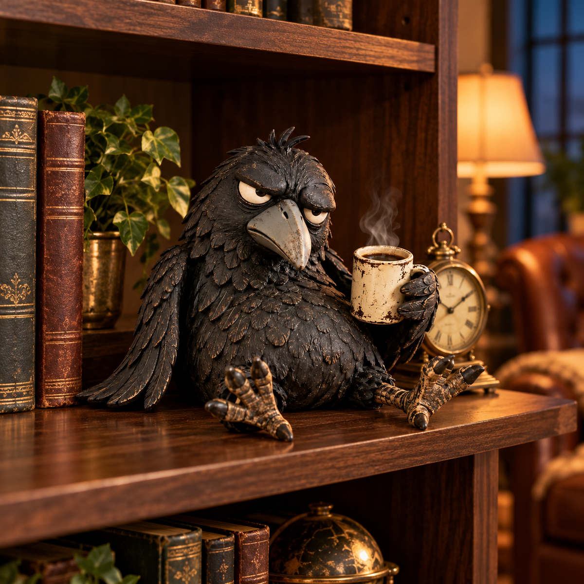 🔥Rustic Vintage Raven Figurine with Coffee Mug – Grumpy Crow Farmhouse Tabletop Decor