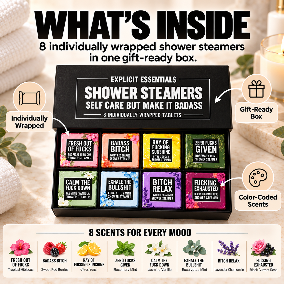 ✨ Bad Day Shower Steamers Gift Set – 8 Scented Self-Care Shower Tablets