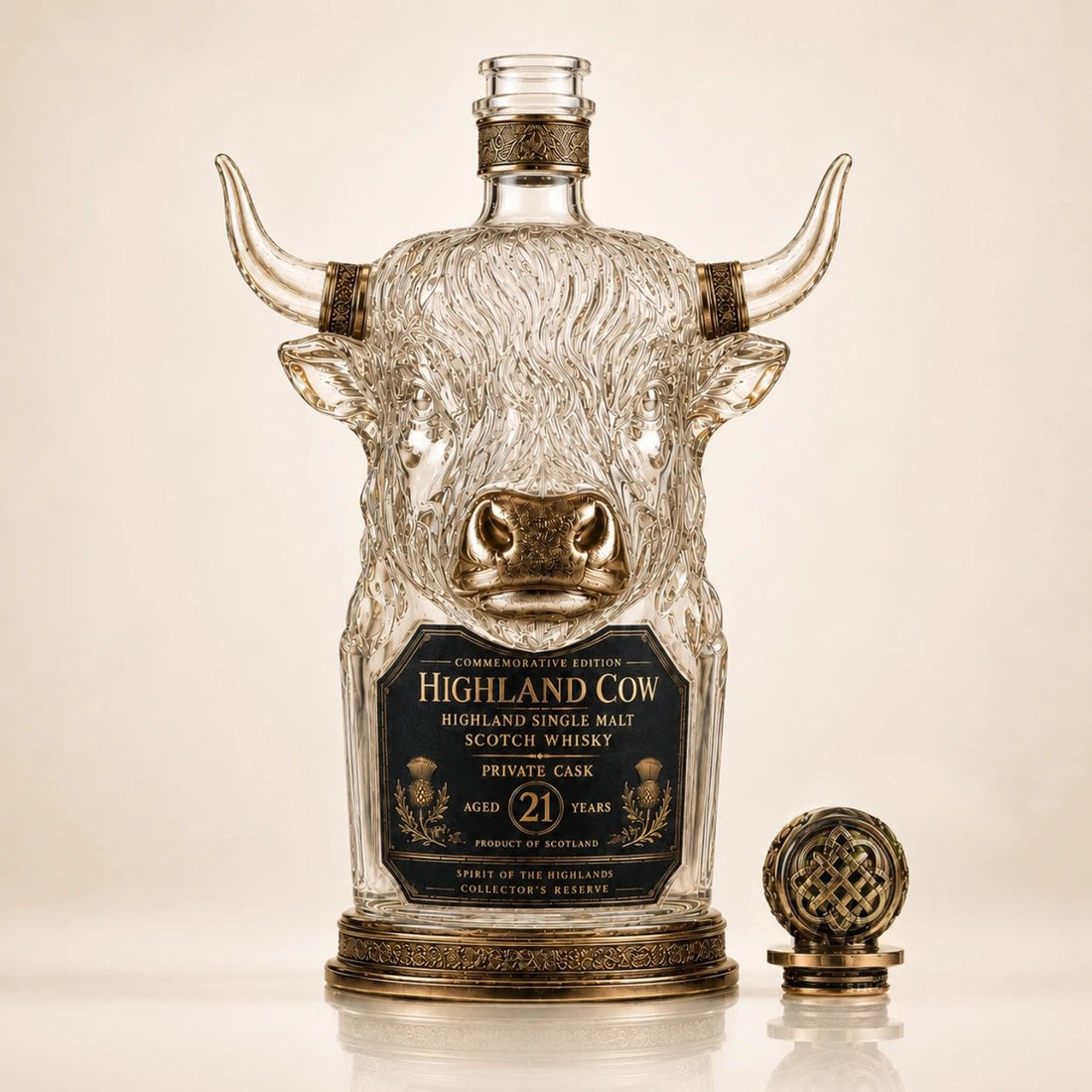 Transparent Highland Cow shaped bottle showing the sculptural glass form