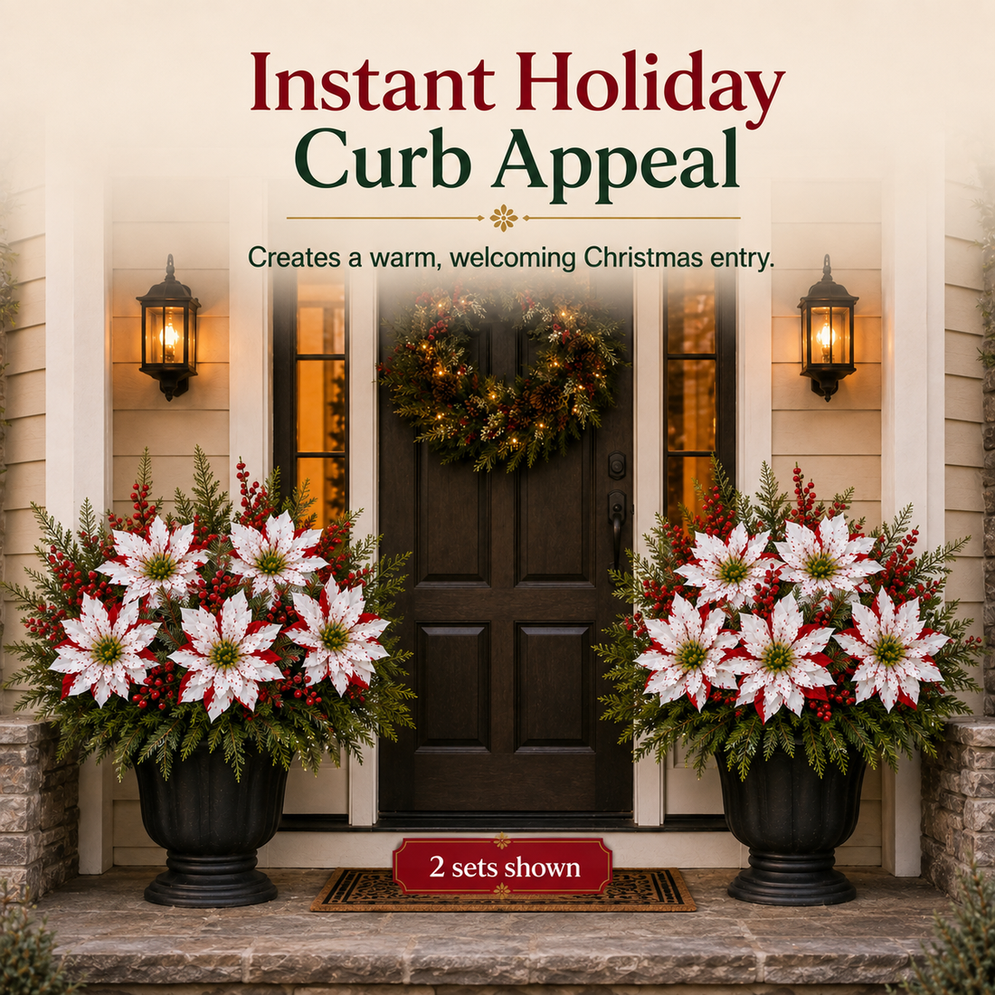 Poinsettia planter inserts arranged outside a Christmas entry