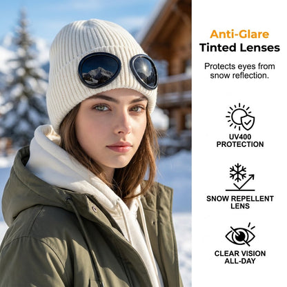 🌬️ Windproof Winter Beanie With Goggles, Warm Knit Hat for Outdoors
