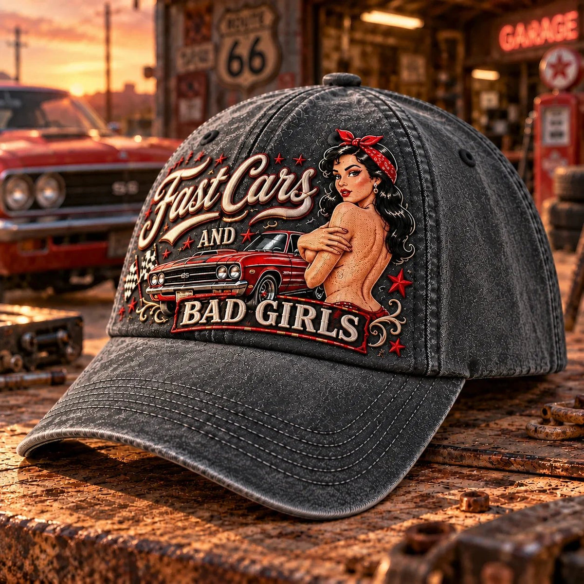 🏁 Fast Cars and Bad Girls Baseball Cap — Retro Muscle Car Style with a Bold Pin-Up Attitude