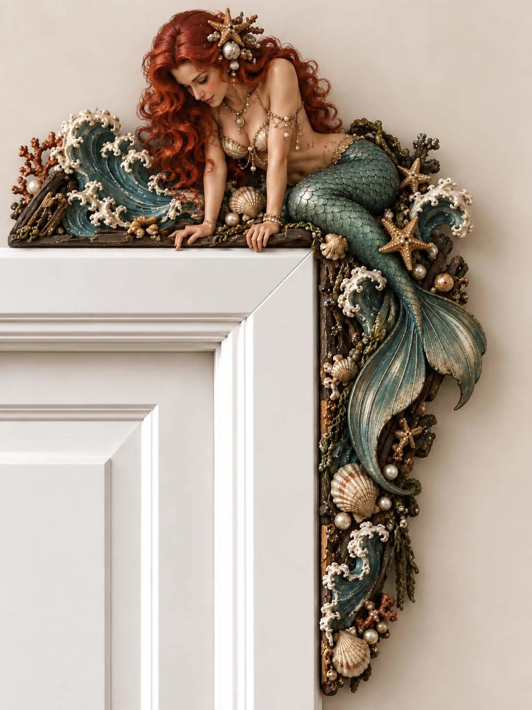 🎁Last Day 60% OFF-🧜‍♀️ 🐚 Beautiful Mermaid Door Corner 🌊 Waves & Seashells Fantasy Wall Decor