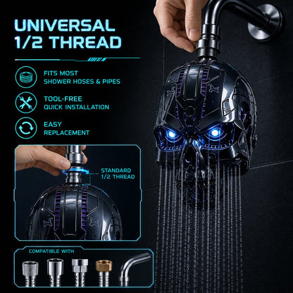 💀Cyber Mecha Skull Color Changing LED Pressure Boost Shower Head