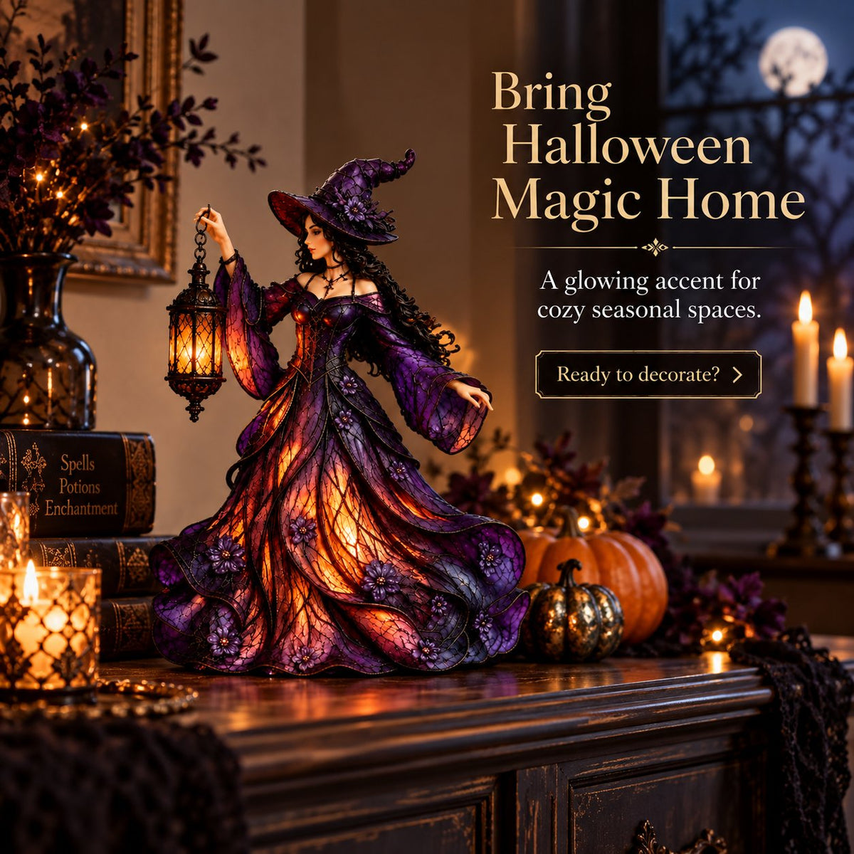 🧙‍♀️ Gotische Halloween-Hexenfigur mit LED-Laterne