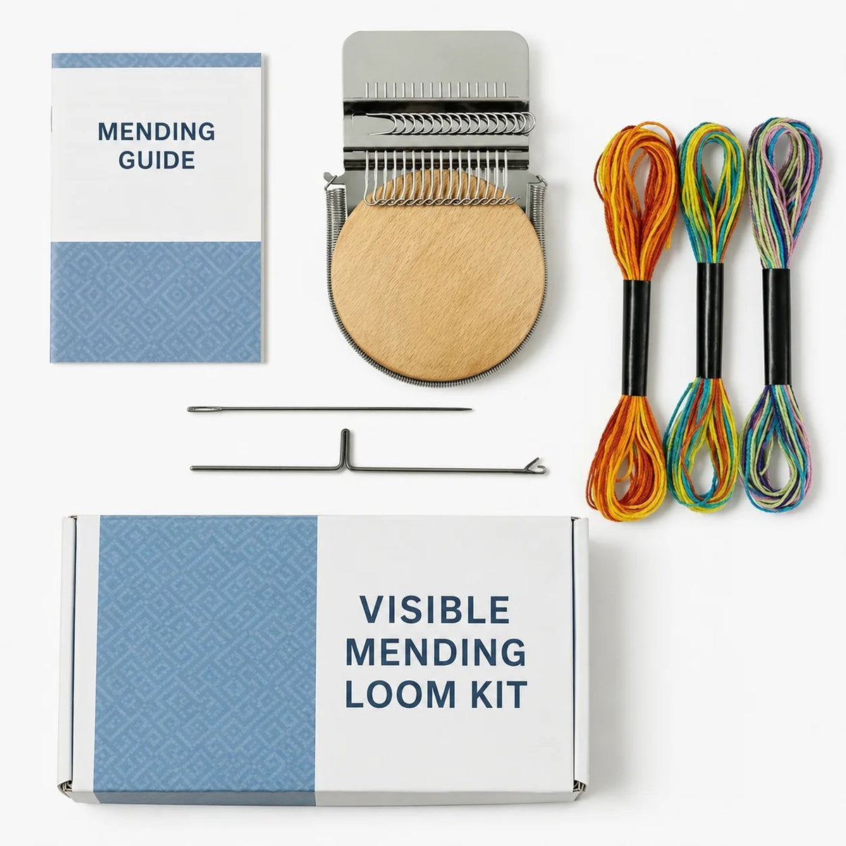 Complete visible mending loom kit with guide, loom, beechwood disc, tools and three thread bundles