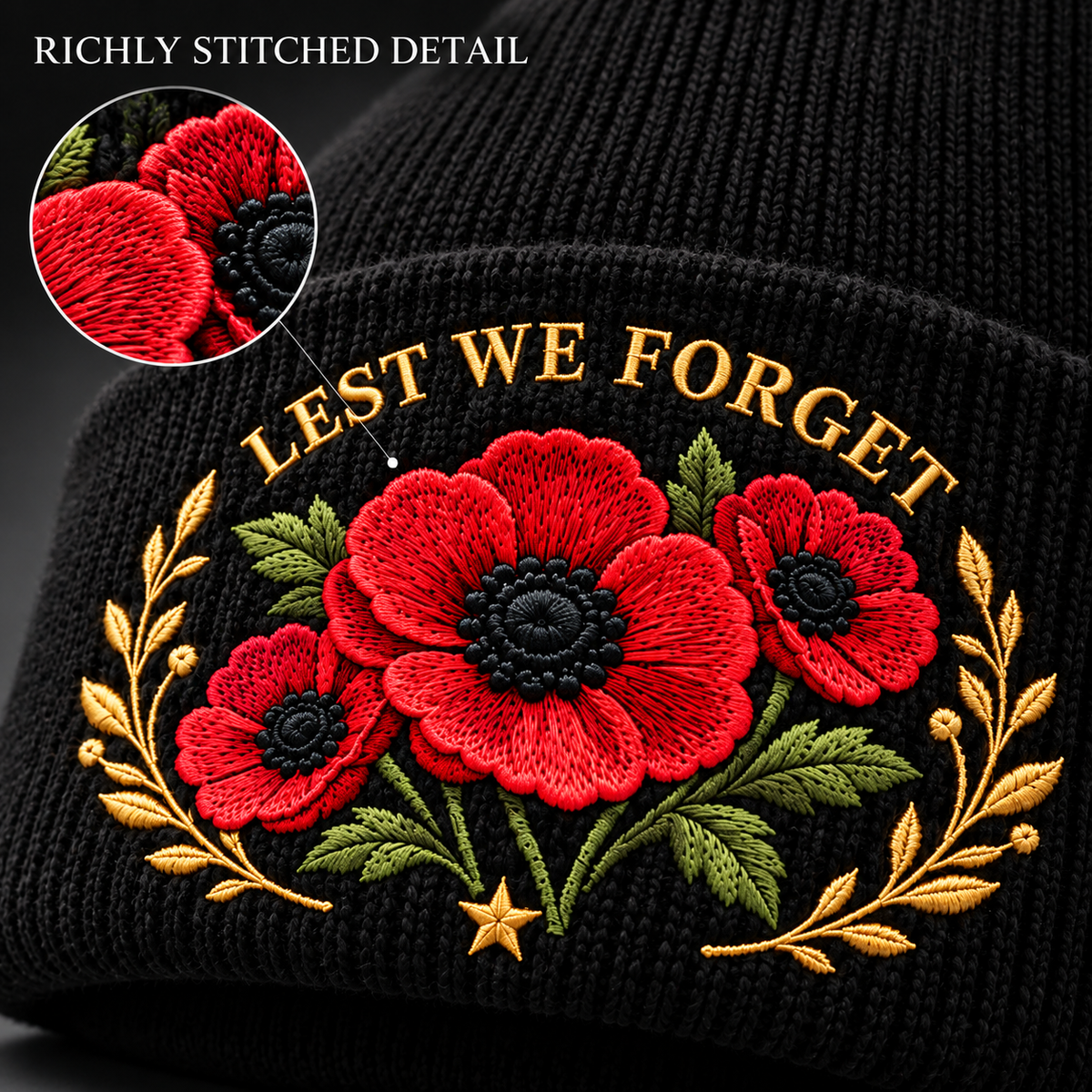 "Lest We Forget" Poppy Embroidered Beanie