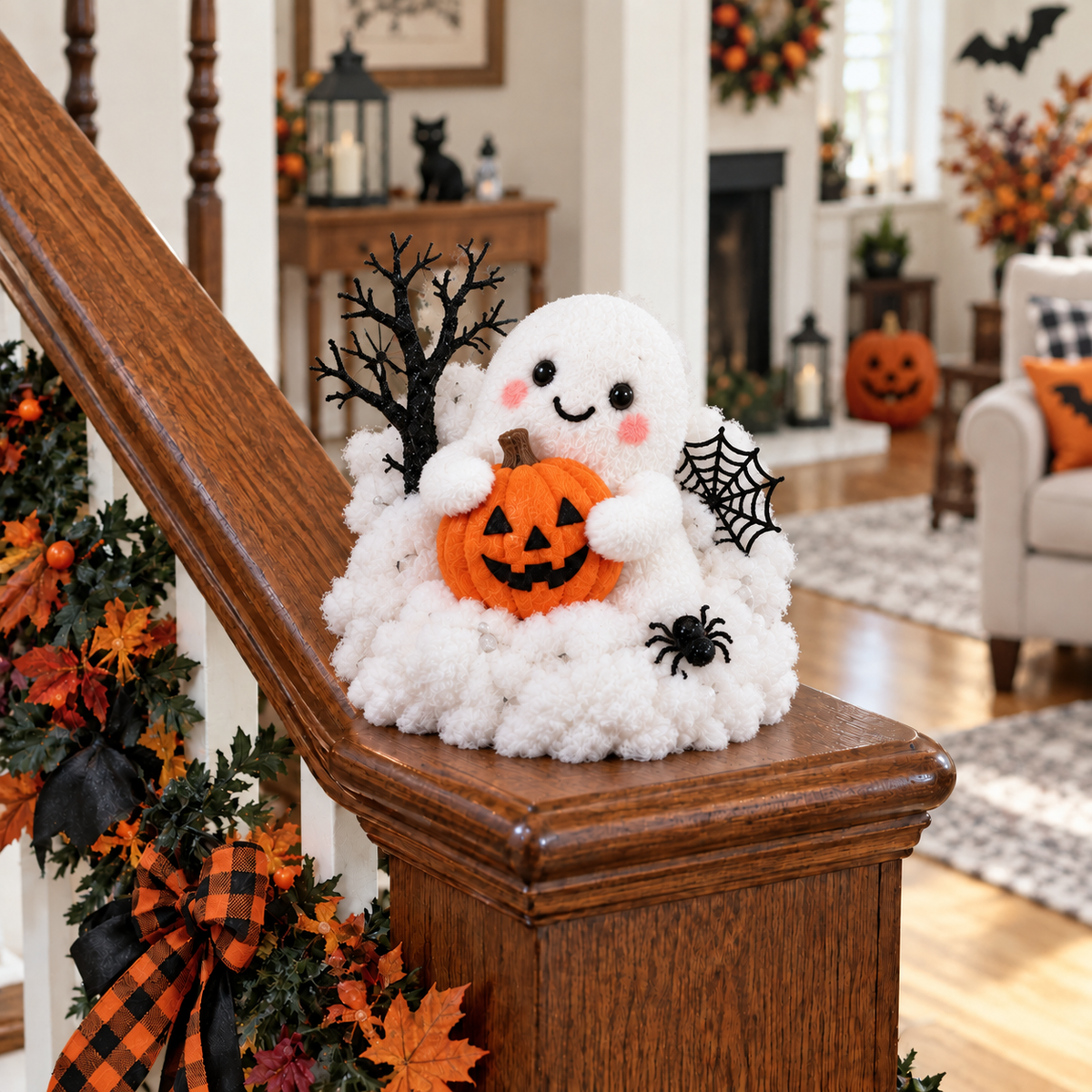 Whimsical Halloween Ghost Decor – Cute Staircase & Tabletop Display