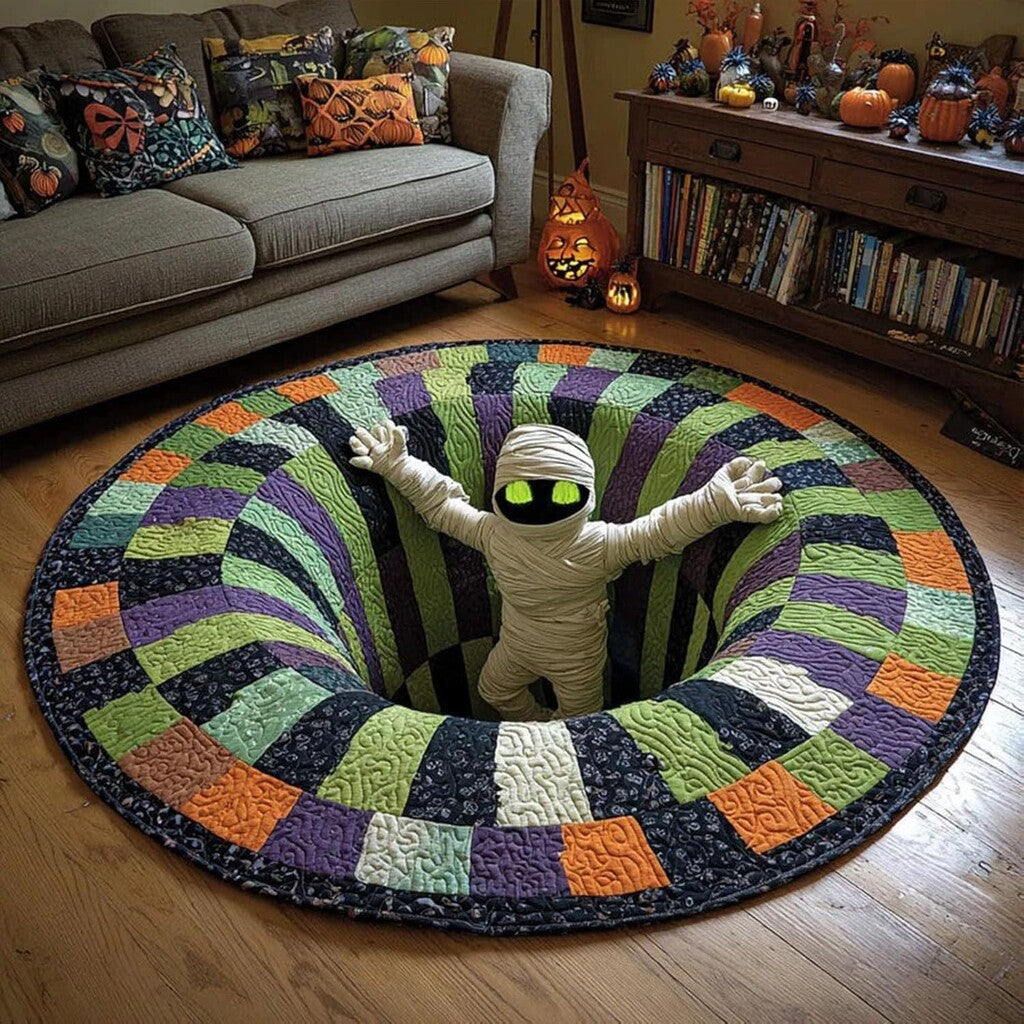 🎃 3D Skeleton Vortex Quilted Round Halloween Rug
