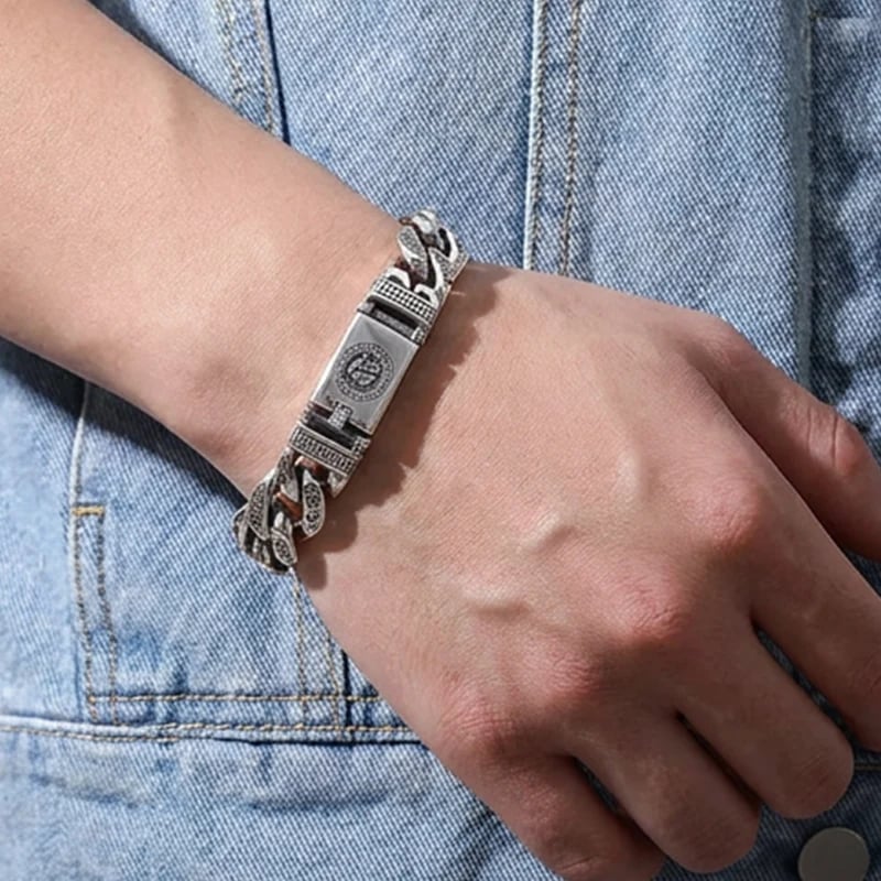Men's mantra bracelet styled with denim