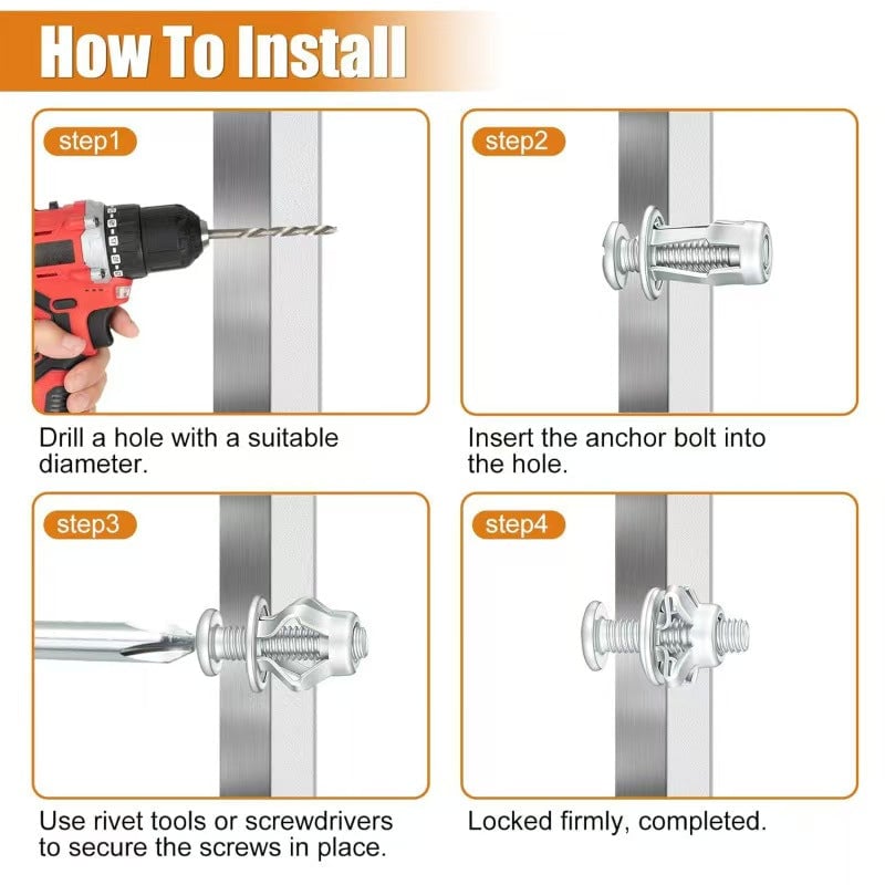 Four-step diagram showing a hollow-wall expansion anchor being drilled, inserted and tightened