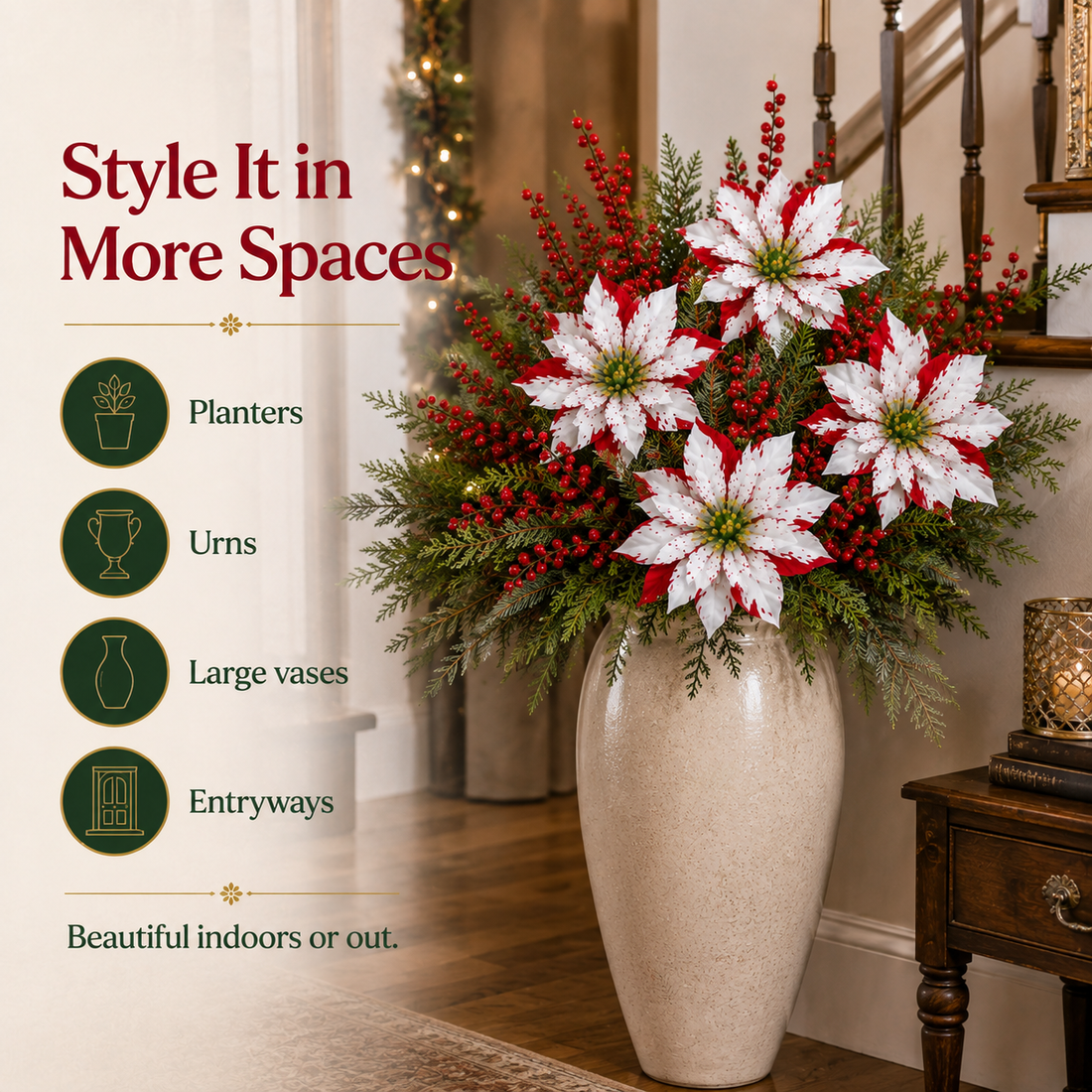 Christmas poinsettia inserts styled in a tall neutral vase