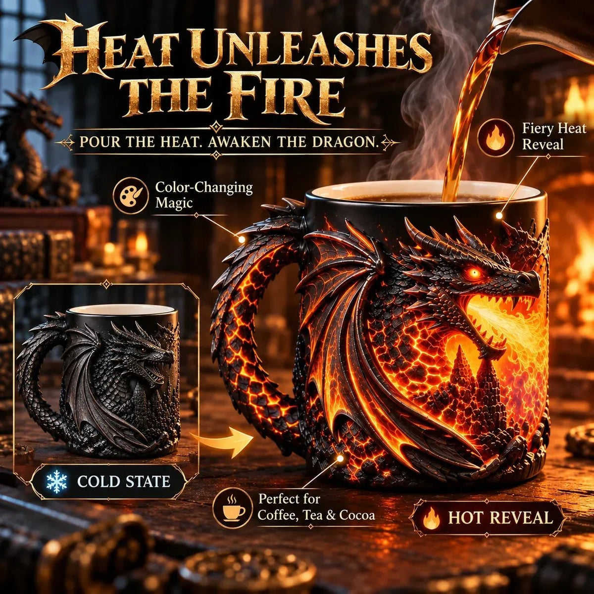 🔥 Ultimo giorno: SCONTO DEL 50% 🐉 Tazza magica 3D 'Dragonfire' con effetto termico | Versa una bevanda calda. Risveglia il drago.🔥