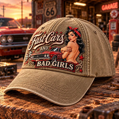 🏁 Fast Cars and Bad Girls Baseball Cap — Retro Muscle Car Style with a Bold Pin-Up Attitude