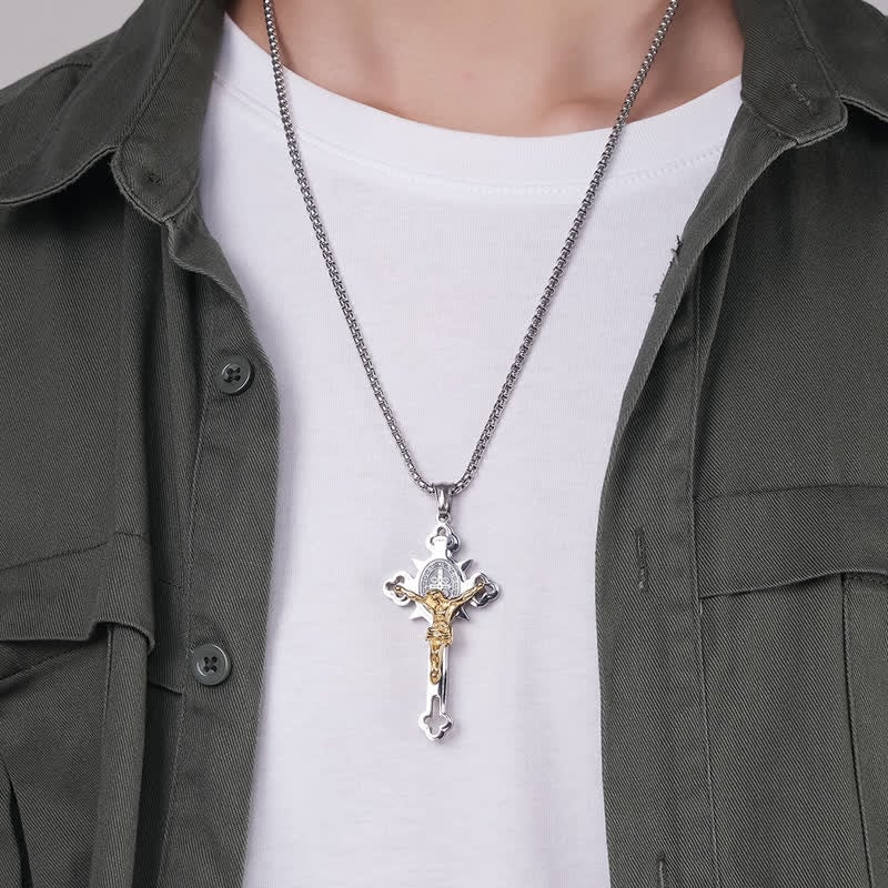 ✝️ Faith & Strength Cross Pendant – Saint Benedict-Inspired Stainless Steel Necklace