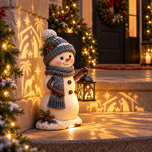 ⛄ Snowman Nativity Glow™ – Solar Christmas Step Light with Holy Family Projection