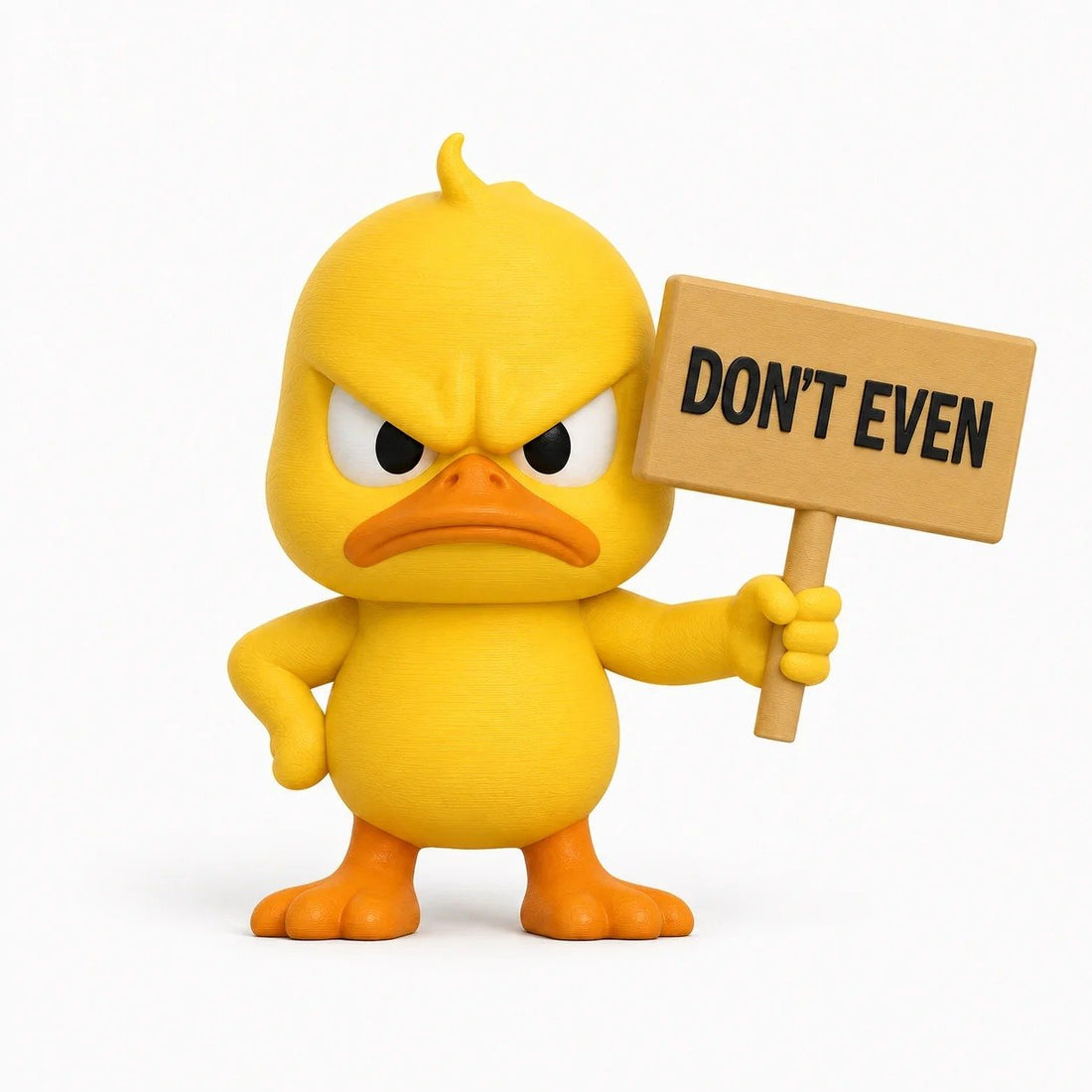 Quacko duck figurine holding a Don’t Even sign