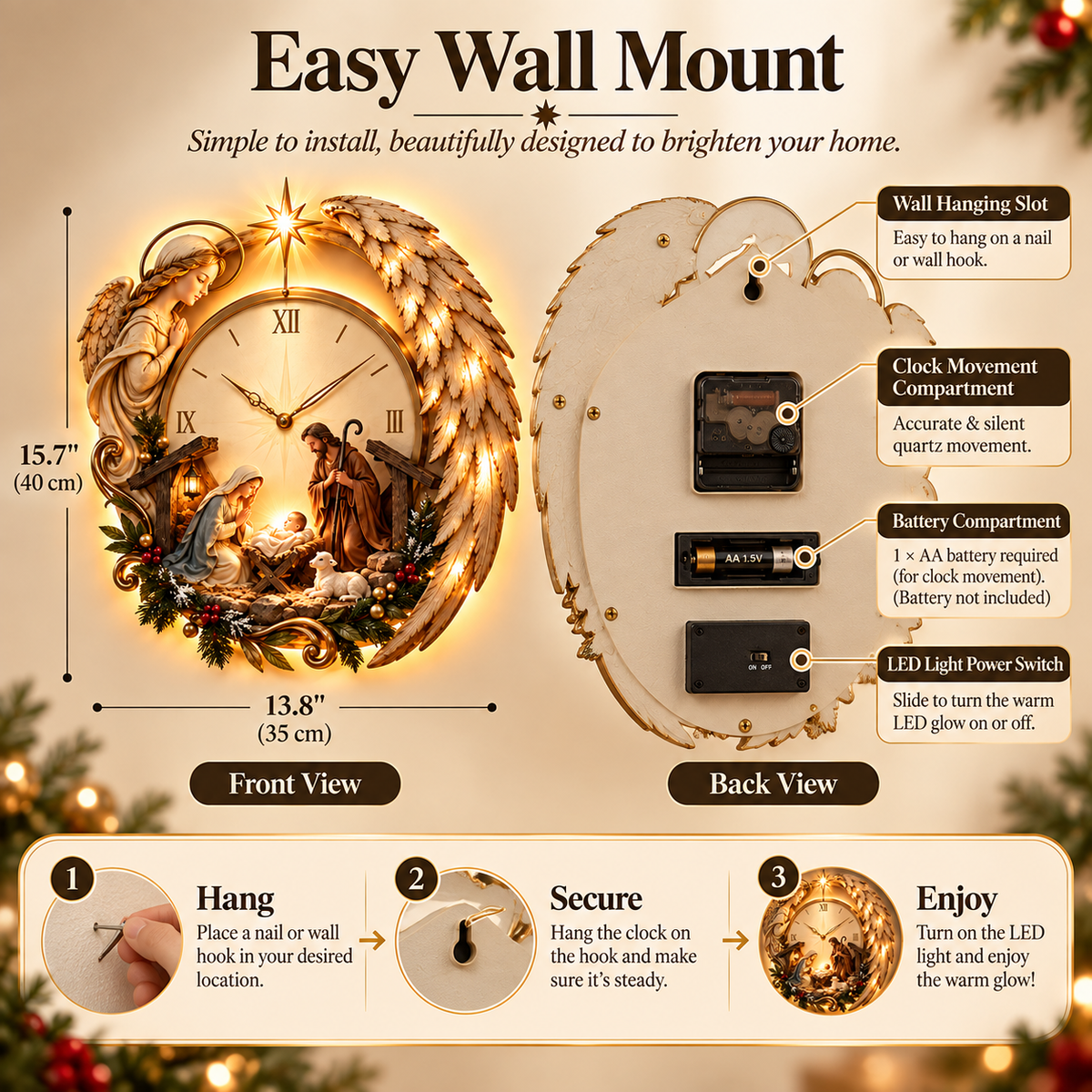 ✨ Bethlehem Story Glow Clock™ | Lighted Angel Nativity Christmas Wall Décor