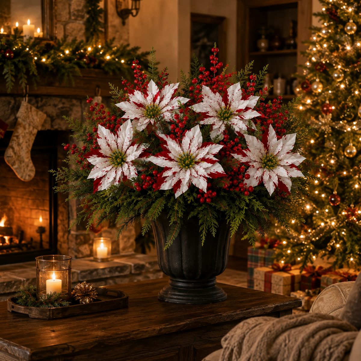 Christmas poinsettia planter arrangement glowing beside a decorated tree