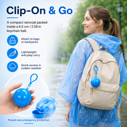 Portable Rain Poncho Ball – Waterproof Hooded Raincoat with Clip-On Case | 3PCS