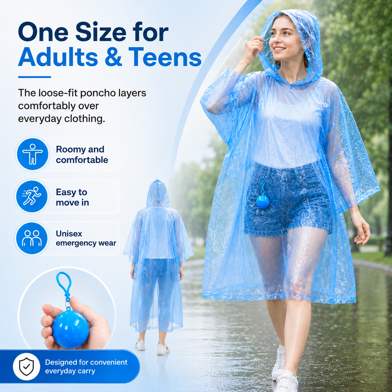 Portable Rain Poncho Ball – Waterproof Hooded Raincoat with Clip-On Case | 3PCS