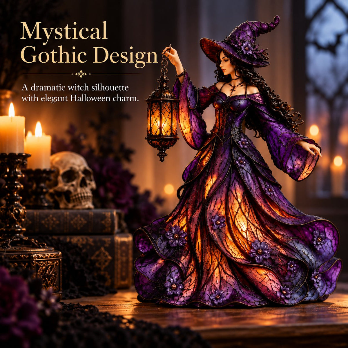 🧙‍♀️ Gotische Halloween-Hexenfigur mit LED-Laterne