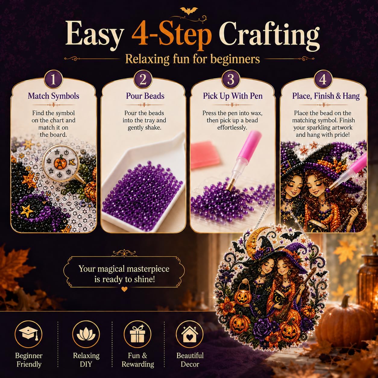 Halloween Witch DIY Diamond Art Window Suncatcher - Halloween Pearl Art Kit
