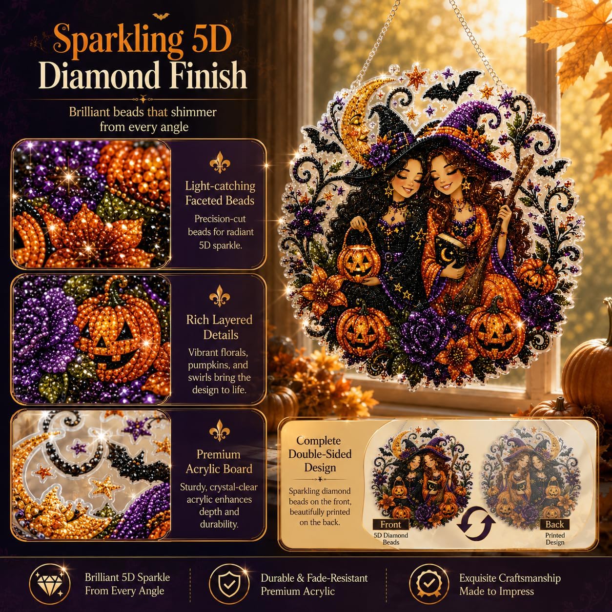 Halloween Witch DIY Diamond Art Window Suncatcher - Halloween Pearl Art Kit
