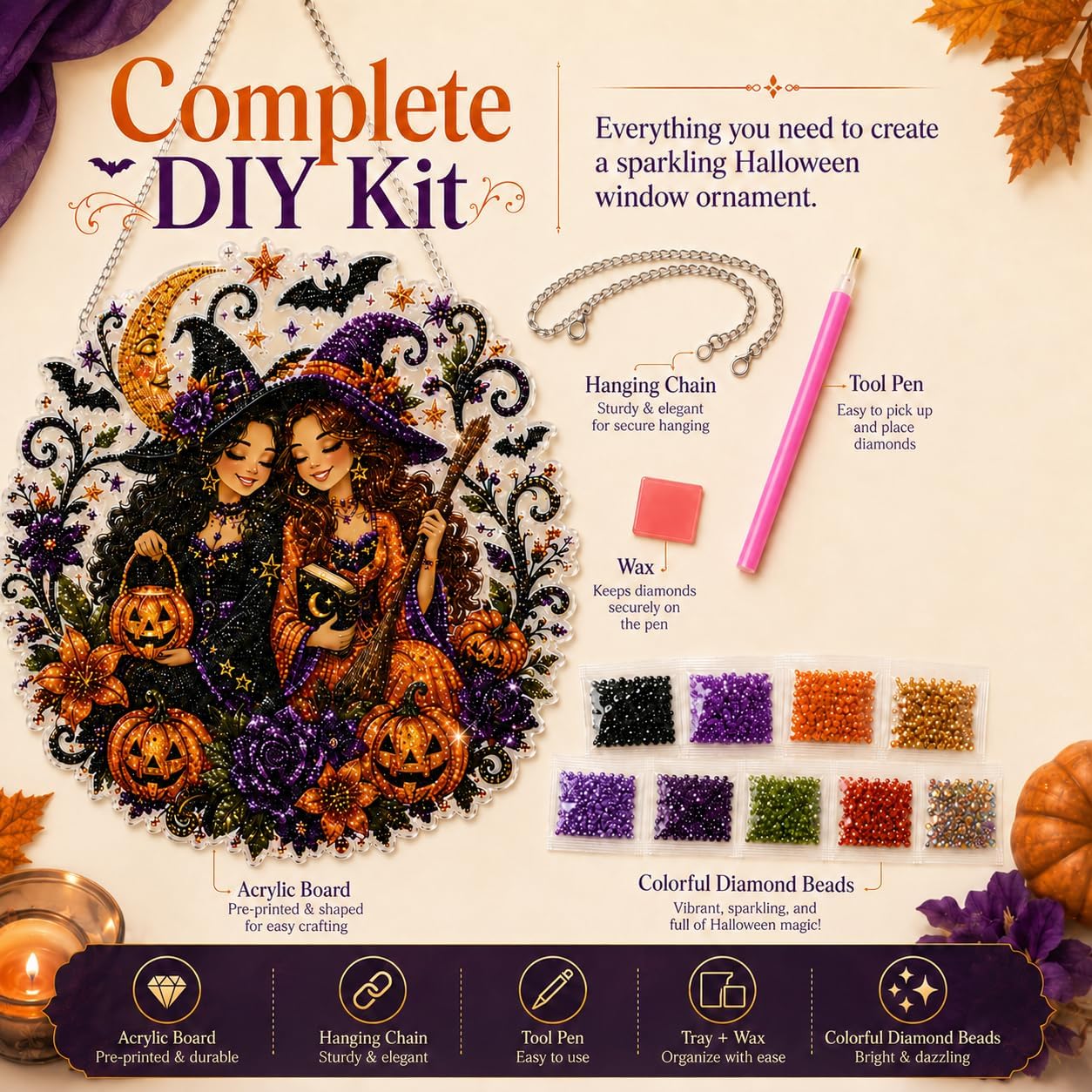 Halloween Witch DIY Diamond Art Window Suncatcher - Halloween Pearl Art Kit