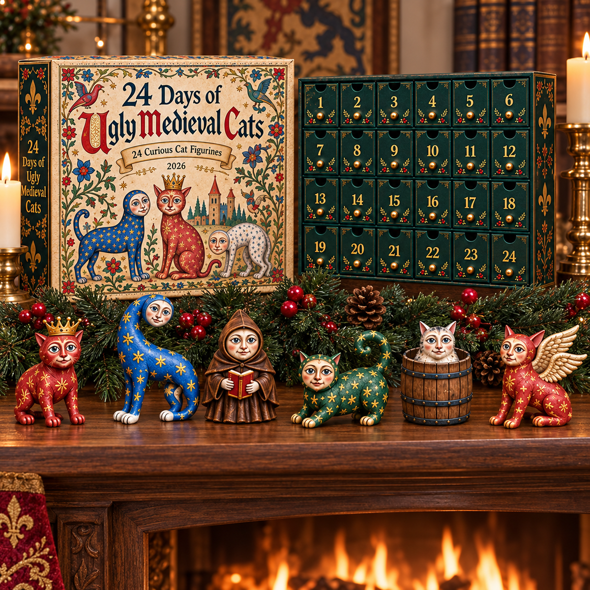2026 Ugly Medieval Cats Advent Calendar – 24 Unique Collectible Cat Figurines for a Quirky Christmas Countdown